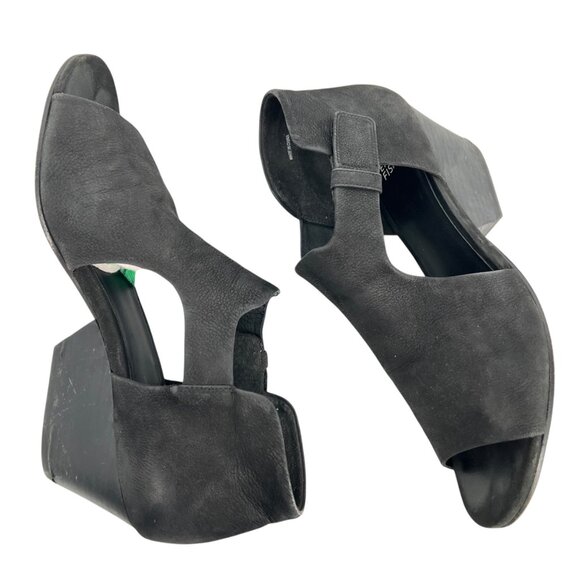 Eileen Fisher Iris Black Tumbled Nubuck Leather Stacked Heeled Sandal Size 9 - Picture 6 of 11